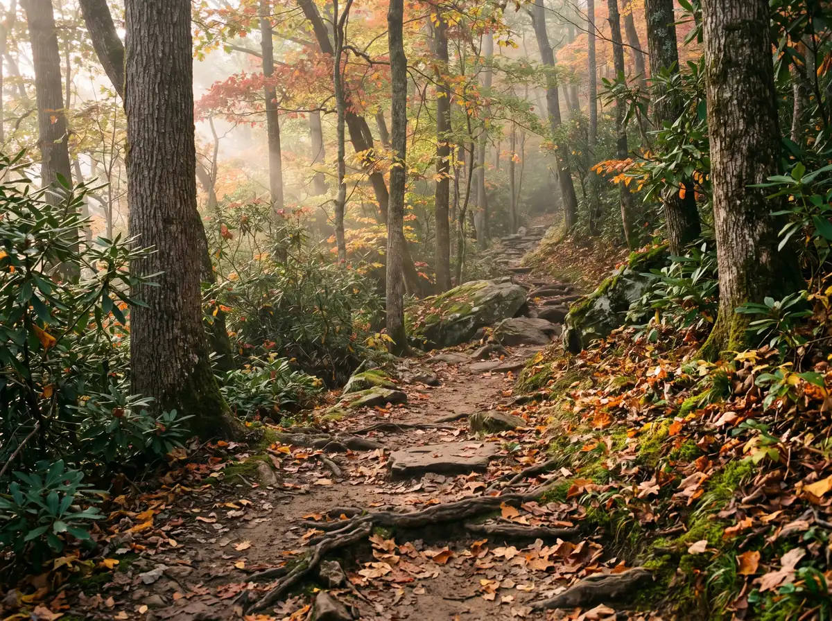 Dirt hiking trail with exposed roots and fallen leaves winding through a misty autumn hardwood forest